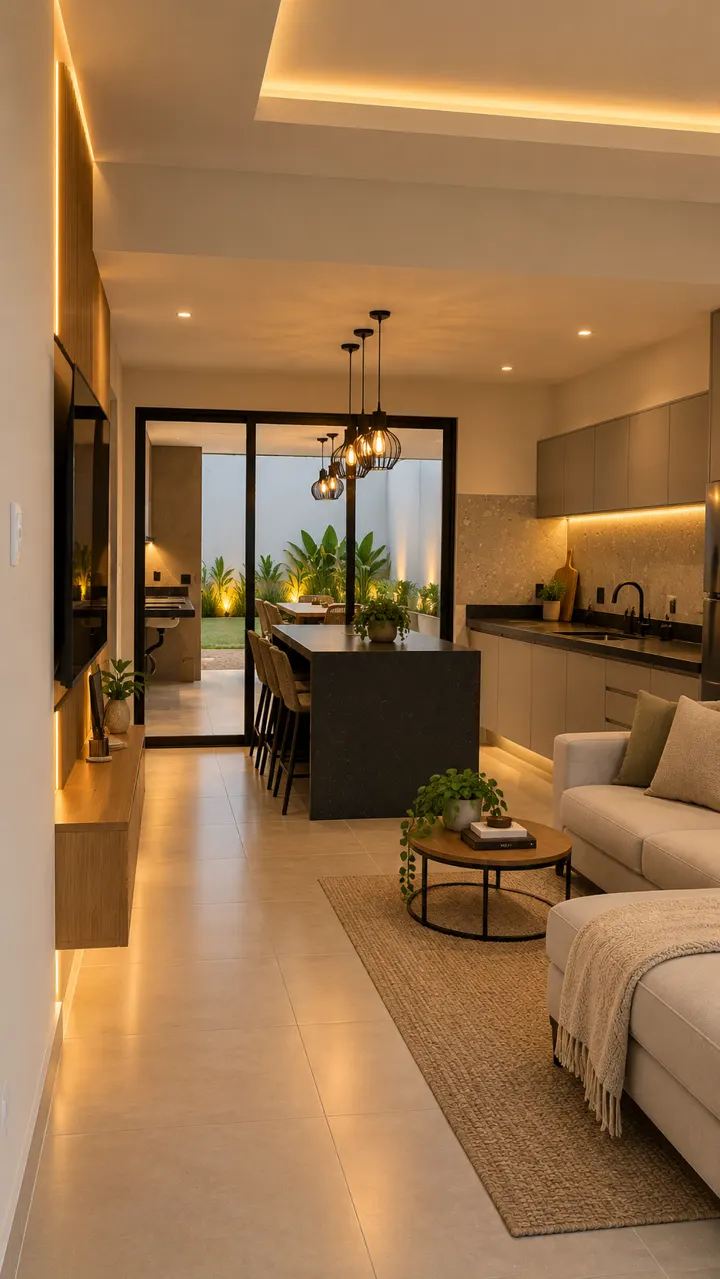 Ambientação por IA da sala e cozinha da casa de 137 m²
