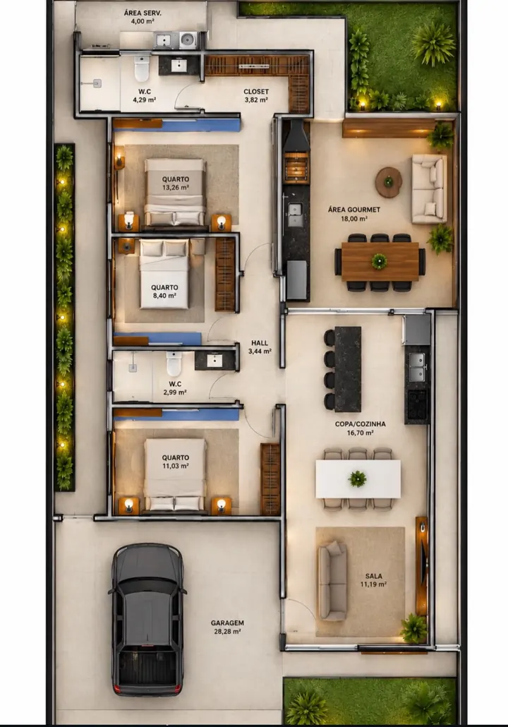 Planta humanizada da casa de R$ 470 mil, com 137 m²